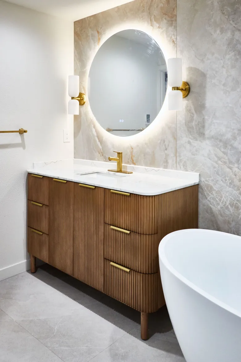 Backlit mirror and freestanding tub, Bellevue, WA