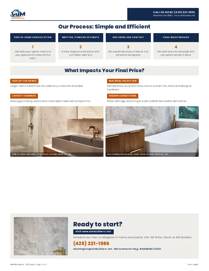 The process page of the guide: free in-home consultation, written itemized estimate, one crew and one contact, final walkthrough